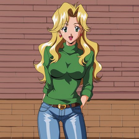 <lora:JudyCowboyBebop_pony_v1:.65> JudyCowboyBebop, 1girl, blonde hair, long hair, retro artstyle, green eyes, breasts, 1990s (style), cowboy shot, sweater, jeans