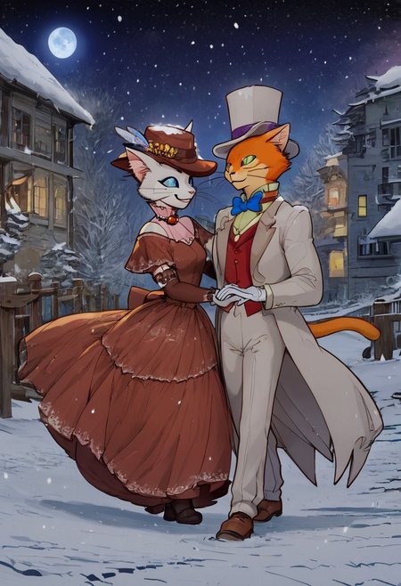 score_9, score_8_up, score_8, cute, in the style of beatrix potter, cel-shading, fca style, baroness louise, white fur, cat, female cat, anthro, baron humbert, ginger fur, cat, male, anthro, suit, tuxedo, blue bow-tie, blow-tie, white gloves, 1girl, furry, hat, 1boy, bowtie, dress, whiskers, hetero, bow, furry female, furry male, formal, gloves, traditional bowtie, top hat, smile, suit, animal ears, elbow gloves, red dress, smiling, blue eyes, walking, walking together, small town background, at night, moon, starry sky, snowy, snowing, nice landscape