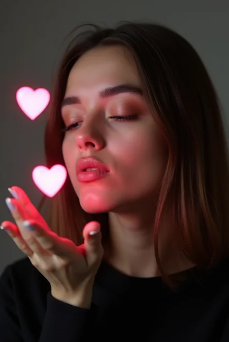 This is a high-resolution photograph of a young woman with light skin and straight, shoulder-length brown hair. She is captured in a close-up shot, focusing on her face and upper torso. The image is softly lit, creating a warm, intimate atmosphere. The woman has a serene expression, her eyes closed, and her lips gently puckered as if she is about to blow a kiss. Her makeup is meticulously done, with a subtle smokey eye and glossy, nude lipstick. 

Surrounding her face are three glowing, pink heart-shaped lights floating in the air, one near her nose and two slightly above her lips, adding a magical, almost ethereal quality to the image. The heart lights emit a soft, warm glow, contrasting with the darker background, which is a muted, neutral color that helps emphasize the subject.

She is wearing a black, long-sleeved top with a smooth texture, and her nails are painted a bright pink, matching the heart lights. The overall mood of the photograph is romantic and whimsical, blending elements of fantasy and realism. The image captures a moment of quiet, intimate connection, enhanced by the magical heart lights.
