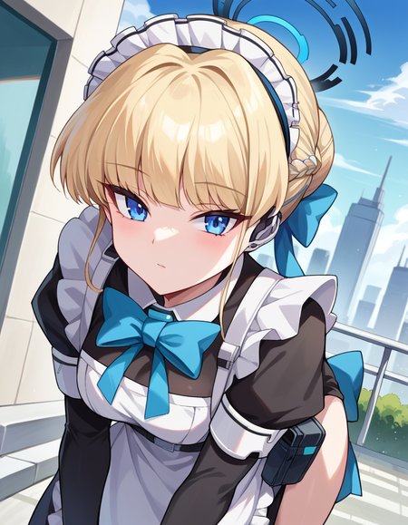 score_9, score_8_up, score_7_up, source_anime,
tokiasuma, <lora:toki-asuma-ponyxl-lora-nochekaiser:1>
toki, blonde hair, blue eyes,
hair bun, short hair, halo, apron, belt pouch, black dress, black gloves, blue bow, bow, dress, elbow gloves, fingerless gloves, gloves, halo, long sleeves, maid, maid apron, maid headdress, pouch,
outdoors, cityscape, bent over,
looking at viewer, dutch angle, cowboy shot
