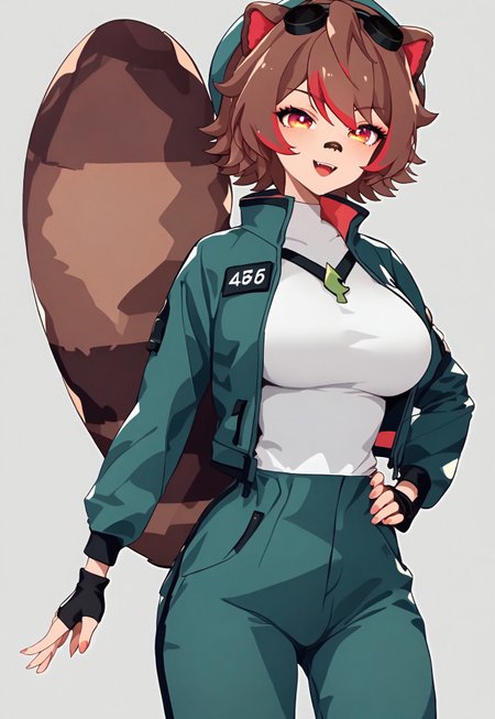 safe_pos, score_9, score_8_up, score_7_up, score_6_up, BREAK, Rakkun VTuber, rakkun, 1girl, brown hair, animal ears, short hair, multicolored hair, tail, raccoon ears, red hair, raccoon tail, raccoon girl, streaked hair, bandaid on nose, dressed in a form-fitting Squid Game-inspired jumpsuit with the iconic numbered patch on her chest, tailored to accentuate her narrow waist, large breasts, wide hips, and thick thighs, standing confidently with one hand on her hip and the other resting casually by her side, her expression playful yet assertive, her ears and tail complementing her mischievous aura, the outfit's material reflecting a subtle sheen under dramatic lighting, emphasizing her curves. The background is a minimalist arena-like setting with faintly glowing neon lines, drawing attention entirely to her striking figure and bold presence, blur background, eyelashes, eyeliner, squidgamesoutfit, jacket, green jacket, shirt, white shirt, pants, green pants, shoes, white footwear, unzipped