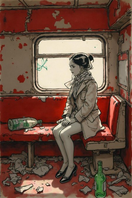 kj9 illustration.
A girl sitting in a dilapidated train car. The train's red interior is faded and worn, with patches of rust staining the walls and ceiling. Garbage, broken bottles, and scraps of paper litter the floor, adding to the sense of decay. The girl sits on a torn, upholstered bench, her posture thoughtful and melancholic, with light streaming through a cracked window to illuminate her figure. Her attire blends vintage elegance with subtle modern touches, featuring a tailored coat and a scarf that catches the soft rays of light. Leyendecker's signature use of bold, confident brushstrokes and interplay of light and shadow bring depth to the scene, emphasizing the textures of the rust, the glossy shards of glass, and the folds of the girl's clothing. The mood is one of poignant beauty, juxtaposing the ruinous surroundings with the girl's quiet grace.  <lora:kj91_cap_d6a3e12:1.0><lora:819909278564597946:0>