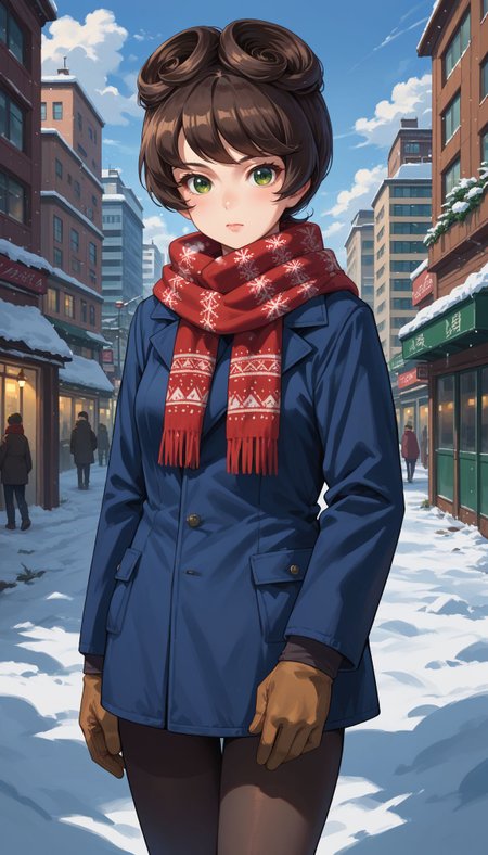score_9, score_8_up, score_7_up, source_anime, 
winter clothes, scarf, gloves, black pantyhose, snow, outdoors, city, standing, cowboy shot,
 <lora:GUPHosomi:1> 1girl, guphosomi, short hair, green eyes, brown hair, long sleeves,