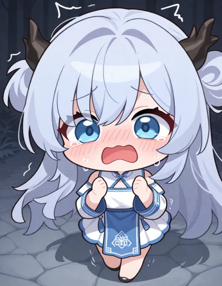 1girl, solo, longwu, longwu\(xinchun\), tearing up, 
chibi, very awa, masterpiece, best quality, amazing quality, absurd res, hi res, highres, <lora:ER_SD:1> <lora:longwu:1>