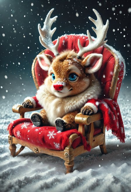 Semifront Christmas chair made of Fur. Antlers on the headboard. (red nose:0.7). Clean dark background. Snow, snowflakes