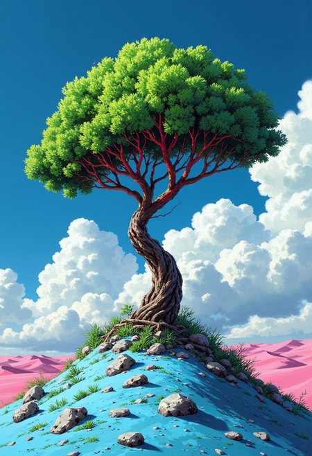 midjourney art
A surreal landscape with a lonely tree on top of a small hill.((hight detalisation tree)) A tree with a dense crown of bright green color, with red branches, grows on blue sand. There are a few rocks and small bushes around, and in the background you can see pink sand dunes that create a sense of calm, fantastic nature. The sky is dark blue, with ((beautiful vitage white clouds)), which adds depth and contrast to the picture.