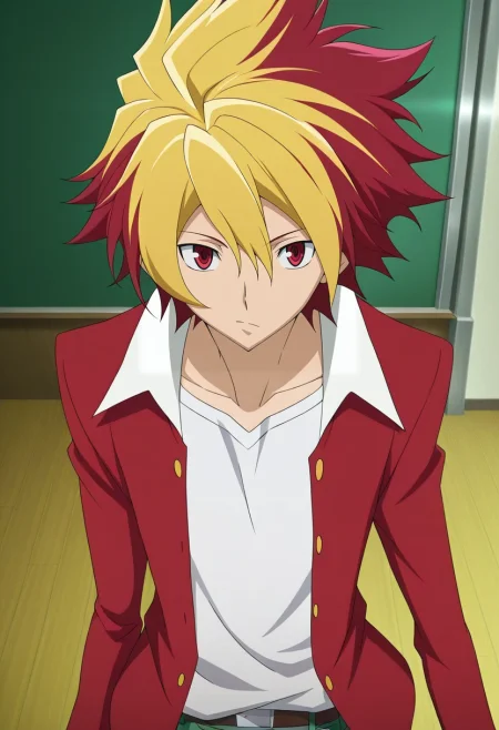masterpiece, best quality, , anime screencap, anime coloring, official style, looking at viewer, 1boy, solo, male focus, <lora:takuto_tsunashi_ilxl:0.98>, takuto_tsunashi, red hair, red eyes, spiked hair, bangs, multicolored hair, two-tone hair, dyed bangs, blonde hair,