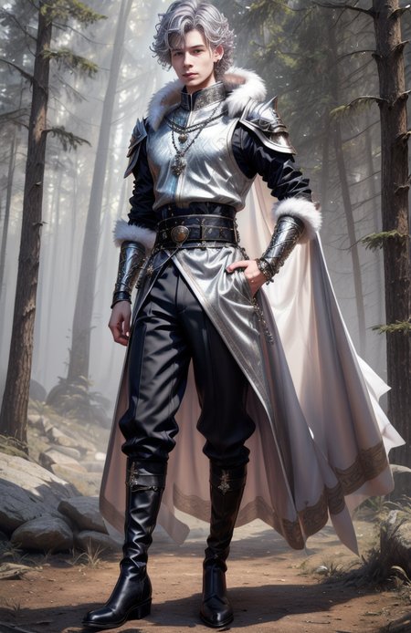 8k, wolf prince,   ((masterpiece)).((best quality:1.2)),  sharp focus, full body, head to toe, 1 young man, 22 years old, youthful appearance, male focus, dynamic pose,  silver colored hair, curly hair, EYESHD,  small testicle bulge, Nora outfit fur accents, Nora outfit bead necklaces, Nora outfit pants, Nora outfit hip quiver, Nora outfit leg guards, Nora outfit arm braces, Nora outfit belt with pouches, and Nora outfit fur boots,   defined body, thin waist, looking at camera, armor,  detailed background a wooded clearing, a pet wolf standing nest to him,(absurdres) , <lora:more_details:0.5>, <lora:wrenchftmfshn>,<lora:add-detailxl:0.8>, <lora:Eyes_High_Definition-000007>, , <lora:lightup_brightness_v200:1>, <lora:Nora:1>