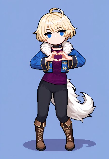 1girl, solo, pixel art, standing, no mouth, full body, (chibi:0.7), heart hands, <lora:MerrinFE-illu:1> casMerrin, blonde hair, short hair, ahoge, blue eyes, solid oval eyes, black choker, blue jacket, fur-trimmed jacket, cropped jacket, open jacket, long sleeves, purple shirt, black pants, wolf tail, brown footwear, knee boots, shadow, simple background, masterpiece, best quality, good quality, newest