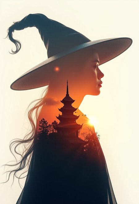 masterpiece, double exposure, silhouette of oriental fantasy mage, mage hat, image of face and neck, filled with a fantasy oriental castle at sunset, highest definition, HD32K, wallpaper, crisp lines, not spilling over the outline, double exposure background, hyperdetailed, concept art, detailmaximizer
