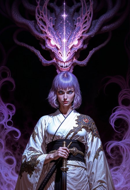 a digital illustration in a dark fantasy anime style. The central figure is a woman with short, straight purple hair and pale skin, standing confidently with a katana sheathed at her waist. She wears a traditional Japanese kimono, white with intricate black and red designs, including a prominent spider web pattern on the left sleeve. Her kimono is cinched at the waist with a black obi belt. Her eyes are glowing with a soft purple hue, and she has a serene yet determined expression. 
Behind her looms a menacing, ethereal creature with a serpent-like head and glowing red eyes, exuding a dark, otherworldly aura. The creature’s mouth is open, revealing sharp teeth, and its body is shrouded in misty, swirling smoke. The background is a deep, dark void, enhancing the eerie and mysterious atmosphere of the scene.
The composition uses a low camera angle, looking up at the woman, which emphasizes her commanding presence. The lighting is dramatic, with soft highlights on her face and the kimono, contrasting with the dark, shadowy surroundings. The overall color palette is dark with purple and black tones, creating a haunting and intense visual effect. <lora:FluxMythV2:0.6> <lora:ck-painterly-fantasy:0.6> <lora:flux.1_lora_flyway_Epic-detail_v2:0.5> <lora:RetroAnimeFluxV1:0.7>