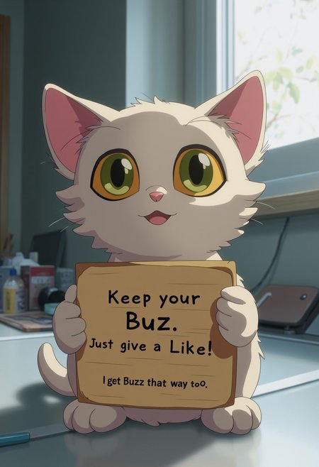 A cute plush cat, holding a sign that says "Keep your Buzz. Just give a Like!" and with smaller text "(I get Buzz that way too)", photograph sitting on a desk in a modern apartment.