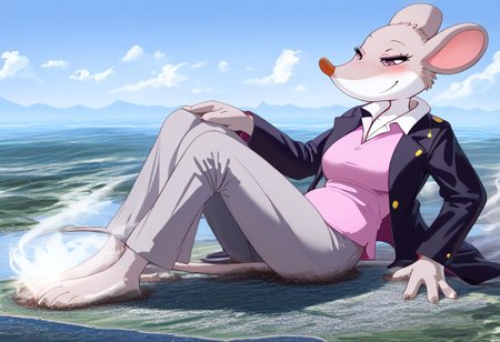 Safe_pos, score_9, score_8_up, score_7_up, detailed face, best quality, 1girl, solo, masterpiece, detailed background, beautiful, detailed eyes, mature female, giantess, macro
side view, lien,
1girl, furry female, solo, Thea-Stilton, gray mouse tail, grey fur, purple eyes, pink shirt, open jacket, white collar black jacket, collared shirt, 4 fingers, gray pants,full body view,
 sitting on ground, presenting feet, light smile, narrowed eyes, blush, breast expansion, tight shirt, 
long river, skyline, cityscape, destroyed cityscape,  earthquake, steam, fog, craters