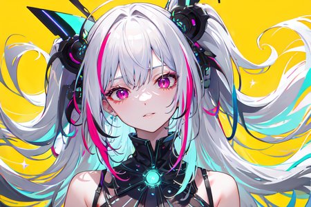 (otherworldly), highly insanely detailed, masterpiece, top quality, best quality, highres, 4k, 8k, RAW photo, (very aesthetic, beautiful and aesthetic), farm, fields, barn, fence, fantfa, <lora:FantasyFarm-10:0.5>, 
1girl, 
(sparkling silver hair ,colored inner hair,streaked hair), 
(pure yellow background,pure magenta background,pure cyan background ,neon color,multicolored background),âââ