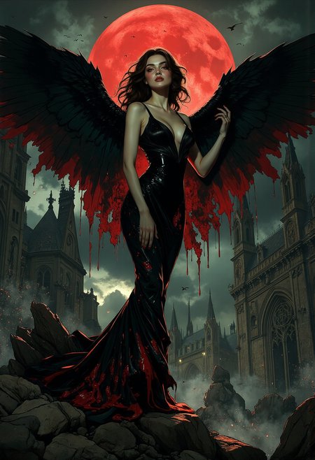 A dramatic, dark fantasy portrait of a seductive alluring mystical fallen blood angel woman standing elegantly upon the ruins of a gothic cathedral. She wears a sleek, blood-stained gown with intricate textures, her expansive dark wings made of  dripping in blood spread wide in a commanding presence. Her pale, flawless skin contrasts with dark flowing hair, and her glowing crimson eyes stare directly into the viewer's soul.dyanmic vogue style pose 
The moonlit red blood moon,  stormy sky casts eerie illumination on crumbling stone architecture, highlighting detailed engravings and symbols around her. Shadowy silhouettes and faint, ethereal mist swirl, enhancing the sinister and mystical mood of the image.
styles of Adrian Smith, Rembrandt and Goya. High contrast, cinematic lighting, intricate textures, mystical and terrifying, epic, majestic, magical, fantasy art, cover art, dreamy,,, <lora:Anime Art V3:1> <lora:aidmaMJ6.1_v0.5_3:0.5>