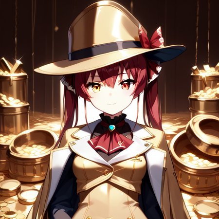 score_9, score_8_up, score_7_up, super aesthetic, rating:safe, rating:general, DeaverStyle, 1girl, solo, aua, red eyes, yellow eyes, heterochromia,  gold clothing, gold hat, fully-clothed, gloves, big coat, illustration, gold, cute, shiny skin, vivid colors, treasure room, gold treasure,