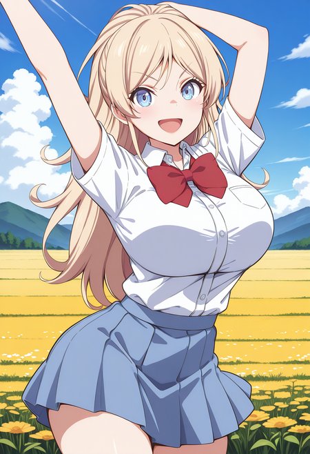 1girl, solo, (field), (blue sky:1.2), looking at viewer, smile, open mouth, 
karasuma_angelica, blue eyes, blonde hair, long hair, school uniform, red bowtie, collared shirt, short sleeves, pleated skirt, <lora:karasuma_angelica_illustrious_ver1:0.8>, masterpiece, best quality, general,, (cowboy shot, dynamic pose:1.4),