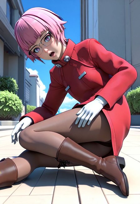 <lora:sdxl_lightning_8step_lora:1> <lora:Fixhands_anime_bdsqlsz_V1:1>score_9, score_8_up, score_7_up, source_anime, intricate details, perfect anatomy BREAK
1girl, solo, gis-esakipurin, pink hair, short hair, purple eyes, black-framed eyewear, red coat, white gloves, gis-esakipurin outfit, brown pantyhose, black boots,
close up, on side, Surprised, Wide-open eyes, a raised brow, and an open mouth., outdoors,
<lora:gis-esakipurin_XL(pony)fix:0.9>