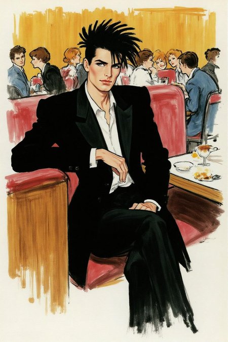 regr1 sketch of a black-haired man seated in a restaurant. He is dressed in a black jacket and pants, his hands resting on his lap. The man's face is adorned with a spiky haircut,  The restaurant is filled with people, their tables and chairs visible in the background. <lora:regr2_fashion_nocap_d6a3:1.0><lora:807675884560487153:0>