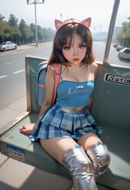 score_9, score_8_up, score_7_up, score_6_up, amateur, photo, 2000s nostalgia , flash, pov, 1girl, cat ears, spaghetti strap tank top, bare shoulders, plaid skirt, thigh high boots, fishnet stockings, backpack, legs crossed, sitting on a bench, bus stop, thigh focus
BREAK
Dramatic angle, unique perspective, unique angle