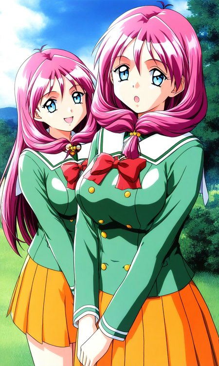 general,highres, ultra-detailed,very aesthetic,best quality ,best hands, BREAK <lora:Shirayuki_Mihoï¼Maho_Tokimeki_Memorial2_IS:1>
Shirayuki_Mihoï¼Maho, pink hair, blue eyes, long hair, large breasts, v arms, twins, 2girls,
school uniform, bow, green shirt, long sleeves, shirt, pleated skirt, orange skirt, red bow, sailor collar, smile, v arms, looking at viewer, open mouth, yellow skirt, jacket, :o, cowboy shot, standing, blue sky, grass,