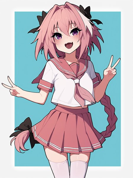 score_9, score_8_up, score_7_up, score_6_up, score_5_up, score_4_up, rating_safe
BREAK
astolfo \(fate\), otoko no ko, pink hair, braid,
BREAK
solo, standing, pink serafuku, white shirt, pink thighhighs, pink skirt, peace sign,
BREAK
white background, <lora:Lunas-KakureEria-SDXL-A1:1>