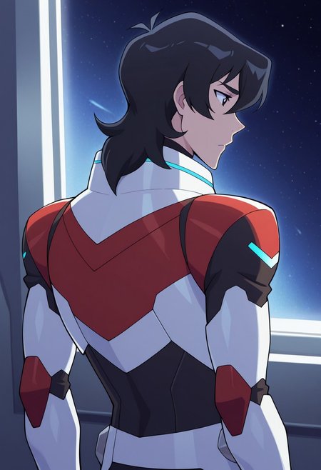 masterpiece,best quality,amazing quality, source_anime, 
keithvld, 1boy, male focus, solo, black eyes, black hair, paladin armor, red and white armor, turtleneck, from back, window, space,