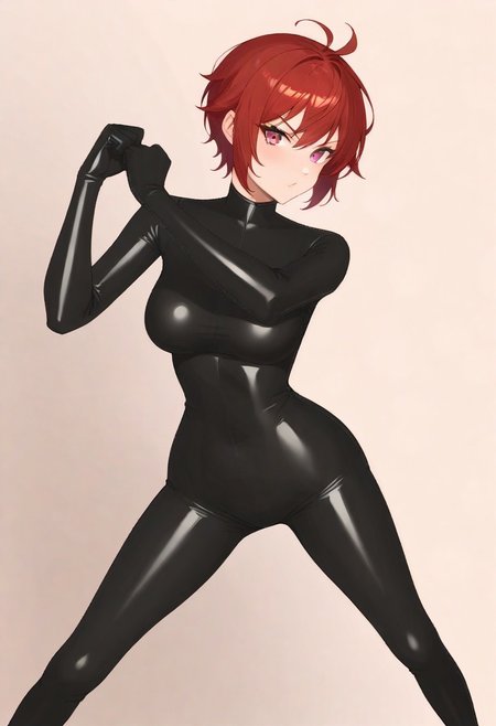 Masterpiece, High quality, OC, anime stye, 1 woman, Female Adult woman, 1girl, tall, Short rose Red color hair, Black skintight latex bodysuit, full Black skintight latex gloves, Pink eyes, Short rose Red color hair, Black Latex skintight bodysuit, all black shiny latex suit, long zipper on center of suit, shiny Black latex skintight elbow gloves, shiny Black latex skintight thigh boots, gadget belt on waist, serious face expression, fighting pose, arms out, legs spread, fist balled, fighting area background