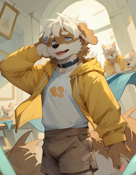 score_9, score_8_up, score_7_up, rating_safe, detailed, <lora:add-detail-xl:2.5>, anthro, furry, dutch angle, high quality, hires, detailed background, embedding:easynegative, pose, score_9, score_8_up, score_7_up, rating_safe, detailed, <lora:add-detail-xl:2.5>, anthro, furry, dutch angle, high quality, hires, detailed background, embedding:easynegative, pose, <lora:Viosgit_style.safetensors:1.4>, (by viosgit:1.2), <lora:Michi_OC.safetensors:1.0>, (male, male focus, happy face:1.15), (Michi:1.15), d0g, White hair, blue eyes, white muzzle, yellow hoodie, brown shorts, (floppy ears:1.1), white eyebrows, tail, brown body, solo, upper body