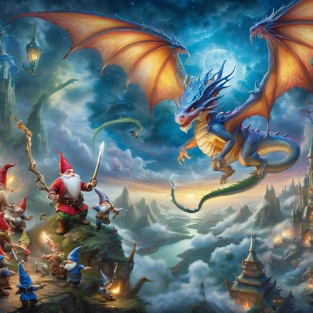 Fujifilm quality photograph (best quality)++, (masterpiece)++, (detailed)+, elf on the shelf fighting a Dragon, (fantasy illustration)1.3, enchanting Dragon battle elf on the shelf, mystical battle, (many gnomes battling)1.4 (whimsical charm).4 Otherworldly charm, mystical sky, (Luis Royo)1.2, (Yoshitaka Amano)1.1, moonlit night, soft colors, (detailed cloudscape)1.3, (high-resolution)1.2 (gnomes  battling everywhere)1.2 , <lora:DonM3t3rn1tyXL-v1.1:0.3> DonM3t3rn1tyXL <lora:DonMD1g174l4sc3nc10nXL:0.3> DonMD1g174l4sc3nc10nXL  <lora:Dragons:0.8> dragon  <lora:EnvyMagicalXL01:0.3> magical <lora:FantasyLandscape:0.8> FanLan