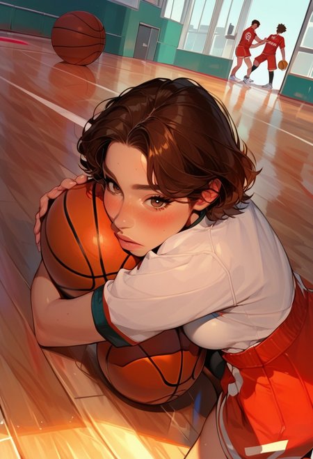 (score_9, score_8_up, score_7_up, score_6_up), dynamic angle, anime realism, UHD, beautiful, 8k, source_anime, (anime style:1.1), Semi-realism, 1girl, solo focus, disney princesses face, short hair, brown hair, brown eyes, medium breasts, on stomach, on basketball court , basketball hug, blush, gym uniform, (full body:1.2), socks, bottom up, innocent looks, freckles, full body dynamic angle,  sneakers, sneakers, hugging ball,