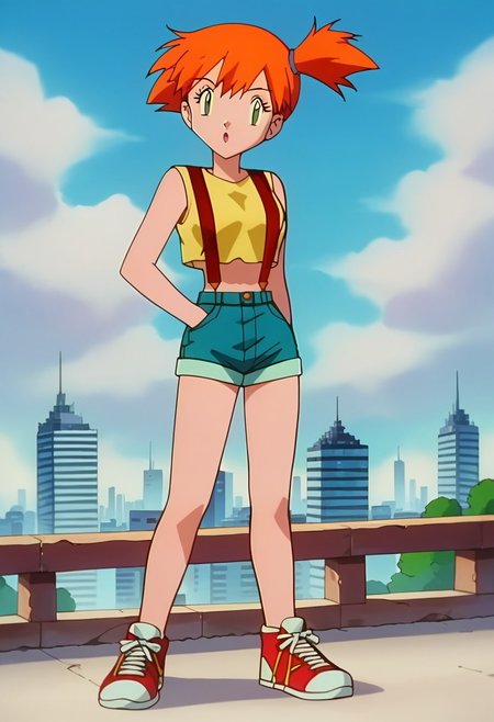 score_9, score_8_up, score_7_up, higres, source_anime
PKMNMisty, 1girl, orange hair, green eyes, mistydefault, bangs, side ponytail, short hair, eyelashes, yellow shirt, sleeveless shirt, crop top, midriff, suspenders, demin shorts, short shorts, sneakers, red footwear
standing, looking at viewer, cityscape, sky, day, clouds, solo