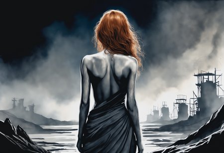 a watercolor painting of a female born from the ashes, from behind.
Her (ginger undone hair:1.2) covers part of her beautiful face and bare chest, cold blue eyes. 

There is diffuse, misty and smoky atmosphere around her, giving the picture a menacing element. 
The picture is painted in a monochromatic scheme, mainly with shades of black, white and gray.

(dystopian style, highly detailed, bleak, post-apocalyptic, somber, dramatic)
