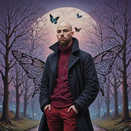 bare tree, purple sky, cloud, bracelet, butterfly wings, fingerless gloves, red pants, black jacket, young man, shaved head and beard Finely detailed, in a cityenvironment, looking at viewer, solo, headwear removed, realistic, night blue sky, own hands,
