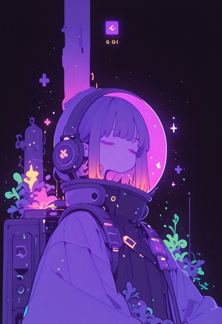 <lora:ck-shadow-circuit-IL:0.78>,
masterpiece, best quality, good quality, very aesthetic, absurdres, newest, 8K, depth of field, focused subject,
1girl, solo, A highly detailed anime-style illustration of a young astronaut with a transparent space helmet, filled with lush green plants and glowing flowers. Her face is calm, eyes gently closed, as if in deep thought or sleep. The helmet acts as a self-sustaining biosphere, with vines growing inside. The suit is a fusion of futuristic cyberpunk aesthetics and organic elements, featuring metallic tubes and intricate bio-mechanical details. The lighting is soft and warm, casting a golden glow on the plants and the astronaut’s delicate face. The background is minimalistic, textured, and slightly aged, emphasizing a dreamlike, melancholic atmosphere. Style: semi-realistic, anime, soft shading, high detail, sci-fi botanical theme
 , black background
<lora:MoriiMee_Gothic_Niji_Style_Illustrious_r1:0.45>
<lora:ck-nc-cyberpunk-IL-000011:0.4>
<lora:ck-neon-retrowave-IL:0.2>