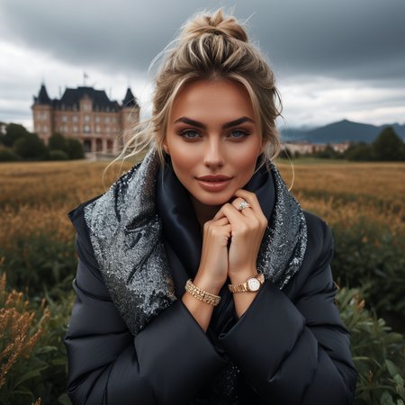 (((dark cinematic still with dark vibes))),one squatting  one nordic professional women,<lora:Pony_Extra_Puffy_Jackets_V1:0.7> extra_puffy_jacket ,  satin Cufflinks ,satin_scarf_blindfold,smile,beautiful eyes,tea,stormy weather,landscape,gleaming diamond palace with golden accents , radiating light, amidst brilliance, glittering professional photography, macro, natural lighting, ,happy,sky,flower ,water,canopy,glitter,luster, (mouth closed)
 <lora:satin_scarf_blindfold:0.4>
<lora:add-detail-xl:1>