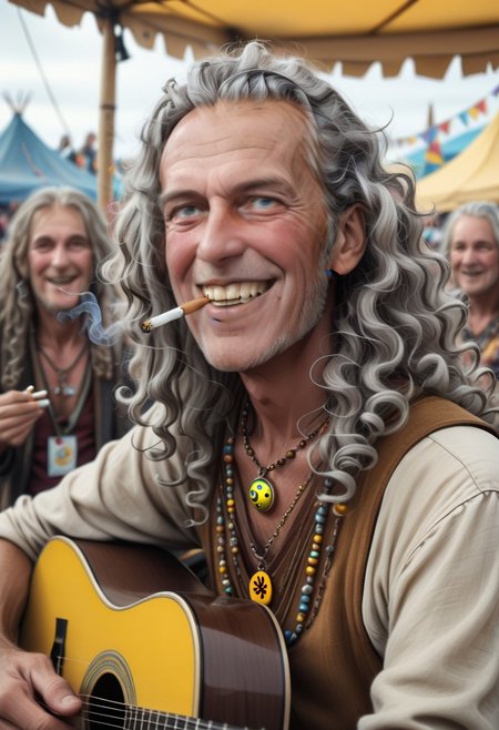 Man aged 69, collar-length curly grey thinning hair, hippy, necklace with eyeball design, big yellow front teeth, smoking cigarette, manic look, dark eyes, playing shiny acoustic guitar 
grinning, folk festival, stalls, crowds