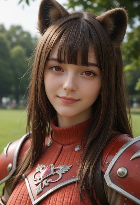 score_9_up, score_8_up, score_7_up, score_6_up, 1girl, 25 years old, perfect face, (adult), sexy, 
detailed face, portrait, face focus, depth of field, looking at viewer, blush, shy smile, close up, 
red eyes, 
animal ear fluff, animal ears, raccoon ears, raccoon girl,
brown hair, long hair, blunt bangs, sidelocks,
brown armor, red armor, brown elbow gloves, long sleeves, brown shoulder armor, white ribbed shirt, red ribbon, 
park,