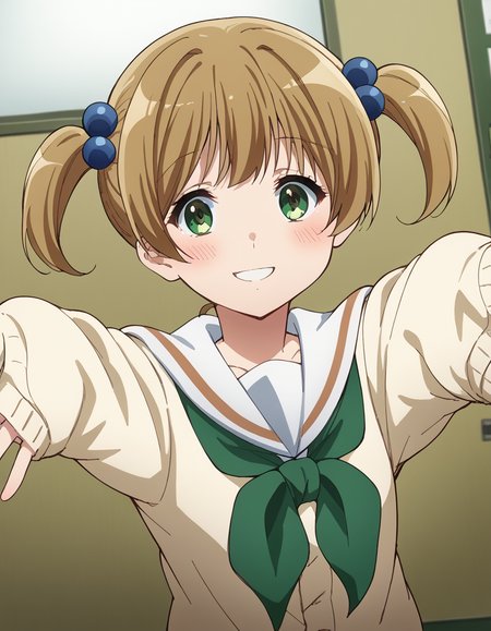 score_9, score_8_up, score_7_up, source_anime, <lora:satsuki-suzuki-s3-ponyxl-lora-nochekaiser:1>, satsuki suzuki, short hair, bangs, brown hair, hair ornament, twintails, green eyes, light brown hair, hair bobbles,, long sleeves, school uniform, serafuku, sailor collar, neckerchief, sleeves past wrists, cardigan, white sailor collar, kitauji high school uniform, green neckerchief, skirt, pleated skirt, brown skirt,, pagoda, tall, tiered, Asian, sacred, smile, <lora:incoming-hug-ponyxl-lora-nochekaiser:1>, incoming hug, looking at viewer, reaching, reacing towards viewer, outstretched arms,, bedroom, smile, blush, parted lips, looking at viewer, solo,, dutch angle, cowboy shot