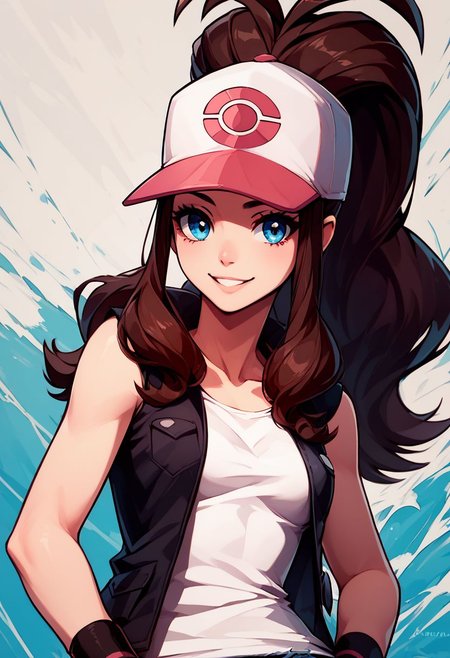 score_9, score_8_up, score_8, medium breasts, (curvy), cute, eyelashes,     
rating safe, 
BREAK,
zzHilda, blue eyes, long hair, high ponytail, sidelocks, hat, collarbone, white shirt, black vest, sleeveless, wristband, short shorts, denim shorts, exposed pocket,
BREAK,
smile, looking at viewer, 
yin-yang theme, 
abstract background, 
zPDXL,