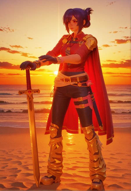 3d, cgi, cg, masterpiece, best quality, amazing quality, very aesthetic, absurdres, newest, 1girl, sabia, solo, full body, heroic pose, standing, sword pose, (red cape:1.3), (single shoulder armor:1.3), (metal chestplate:1.3), (armored leggings:1.3), (brown leather belt with gold emblem:1.3), (gloved hands:1.3), (dark pants:1.3), purple hair, red eyes, folded ponytail, confident expression, beach setting, dramatic sunset, warm golden light, cinematic lighting, glowing horizon, sandy ground, ocean waves, backlit lighting, dynamic shadows, detailed armor reflections, <lora:dmd2_sdxl_4step_lora:1>, <lora:KOD_dtv5r__for_Illustrious_v0.1__Adafactor:0.45>,<lora:Fortnite_Nemia_Demonically_Cute_Set_ILXL_E11_16_DIM:1>