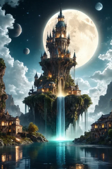 masterpiece, best quality, amazing quality, very aesthetic, absurdres, newest,  unity 8k, blurry background, Depth of Field
scenery, planet, waterfall, fantasy, no humans, cloud, star (sky), castle, earth (planet), water, sky, floating island, city, space, outdoors, tower, starry sky, moon, cityscape, above clouds, city lights, building, architecture, fountain, science fiction
 <lora:add-detail-xl:1> <lora:Fant5yP0ny:1>