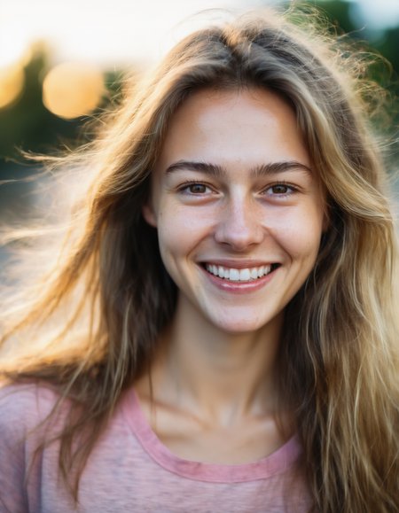 young woman with beautiful unvarnished natural face and messy (brown-blond and dirty hair) smiling into the camera, wearing a tight pink shirt