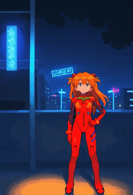 best quality, amazing quality, very aesthetic, absurdres,
BREAK
1girl, asuka langley, red plugsuit, standing, smug, looking at viewer, futuristic background, neon light , buildings, night,    <lora:MujiNoob_byKonan:1>