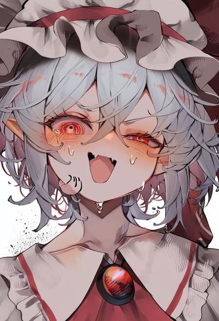 score_9, score_8_up, score_7_up, score_6_up, <lora:tsuneXL_P6_lokr_V53P1:0.95> 1girl, solo, hat, red eyes, remilia scarlet, fang, mob cap, open mouth, short hair, white background, pointy ears, red ascot, sweat, simple background, looking at viewer, @_@, ascot, hair between eyes, white headwear, blush, grey hair, collarbone, ribbon, upper body, red ribbon, uneven eyes, frilled shirt collar, smile, hat ribbon, shirt, skin fang, jewelry, frills, white shirt, collared shirt, portrait, brooch