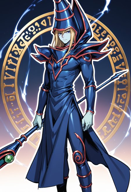 (score_9:0.9),score_8_up,score_7_up,rating_safe,(zPDXL),(zPDXL3),<lora:Dark Magician ponyXL v1.2:0.72>,dark magician,1boy,male focus,solo,blonde hair,staff,closed mouth,outline,holding staff,looking at viewer,purple thigh boots,white outline,smile,blue skin,standing,blue wizard hat,blue wizard clothes,magic circle,