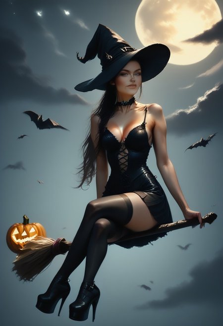 score_9, score_8_up, score_7_up, realistic, masterpiece, best quality, absurdres, vibrant, highly detailed, gorgeous, sexy, enchanting, 
BREAK 
SeijV2, high ponytail, open hair, reij-bewitched, black dress, black choker, black platform shoes, black stockings, black hat, pumpkin hatdetail, (smirk:0.6), skin details, detailed eyes, r1dingbroom, broom riding, broom, sidesaddle, looking at viewer
BREAK 
Jed-dtl, (dark:1.2), night, starry sky, (full moon:1.5)