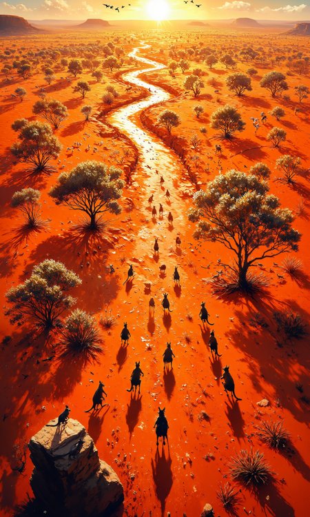 Aerial view of a vast Australian outback, red-orange earth stretching to the horizon. A mob of kangaroos bounds across the foreground, their muscular forms silhouetted against the setting sun. Scattered eucalyptus trees cast long shadows, their silver-green leaves shimmering in the fading light. A winding dry riverbed cuts through the landscape, its banks dotted with vibrant wildflowers. In the distance, a flock of cockatoos takes flight, their white plumage contrasting against the deepening sky. A dingo pauses on a rocky outcrop, alert and watchful. The air shimmers with heat, creating a mirage-like effect. Intricate details of native flora, including spinifex grass and bottle brush plants, add texture to the scene. 8K resolution, hyperrealistic, golden hour lighting, panoramic composition, National Geographic style <lora:aidmaFLUXPro1.1-FLUX-v0.3:0.2> <lora:Organic Sauce - FLUX:0.9> <lora:DND_GRAINYBOYZ_FG_FLUX_V2_ROMULUS_Lora:0.4> <lora:aidmaMJ6.1-FLUX-v0.4:1.0> <lora:flux_dev:1>