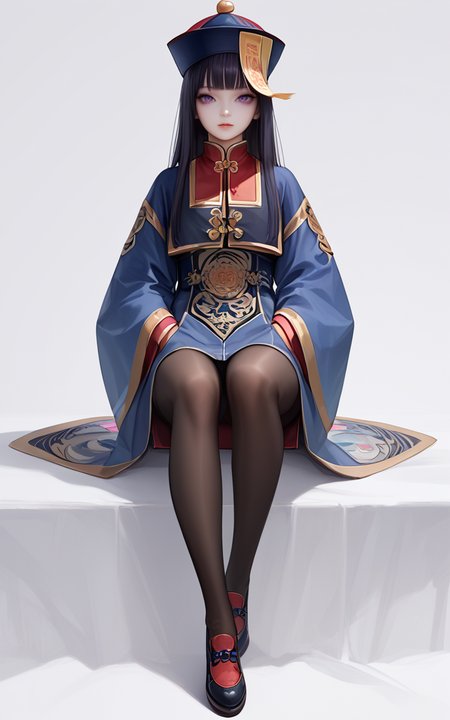 score_9,score_8_up,score_7_up,
<lora:jiangshiPony:1>,
jiangshi,1girl,solo,hat,white background,pantyhose,simple background,purple eyes,long hair,qing guanmao,shoes,hands in pockets,full body,looking at viewer,sleeves past fingers,sitting,bangs,black pantyhose,long sleeves,sleeves past wrists,blunt bangs,wide sleeves,ofuda,