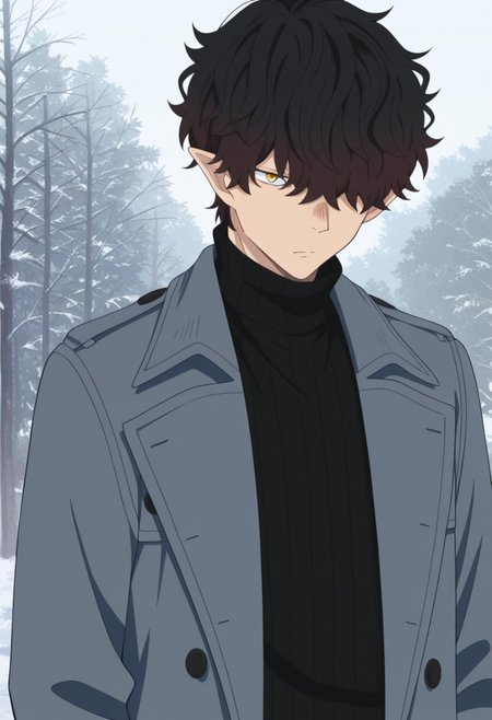 masterpiece,best quality,amazing quality, source_anime, 
Warumonosan, 1boy, male focus, solo, pointy ears, hair over one eye, yellow eyes, brown hair, sweater, black sweater, turtleneck, coat, grey coat, open coat,
outdoor,